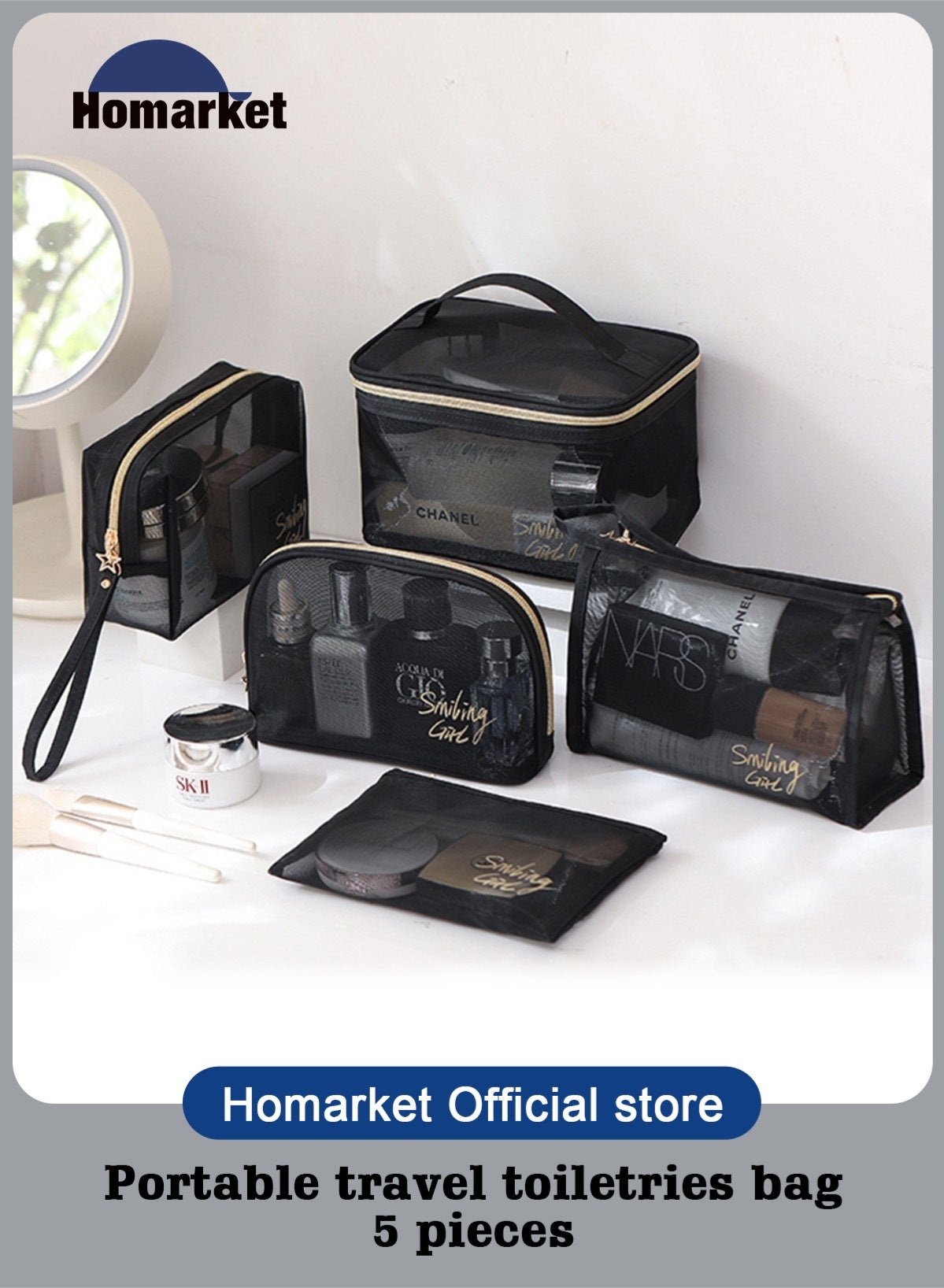 Makeup Bag Set Cosmetic Bag Set Makeup and Toiletry Travel Bag Set Make up Bag Set 5PCS，Large Capacity, Mesh Transparent Easy Take&Clean, Multifunction Travel Handbag With Strap to Hang,Black
