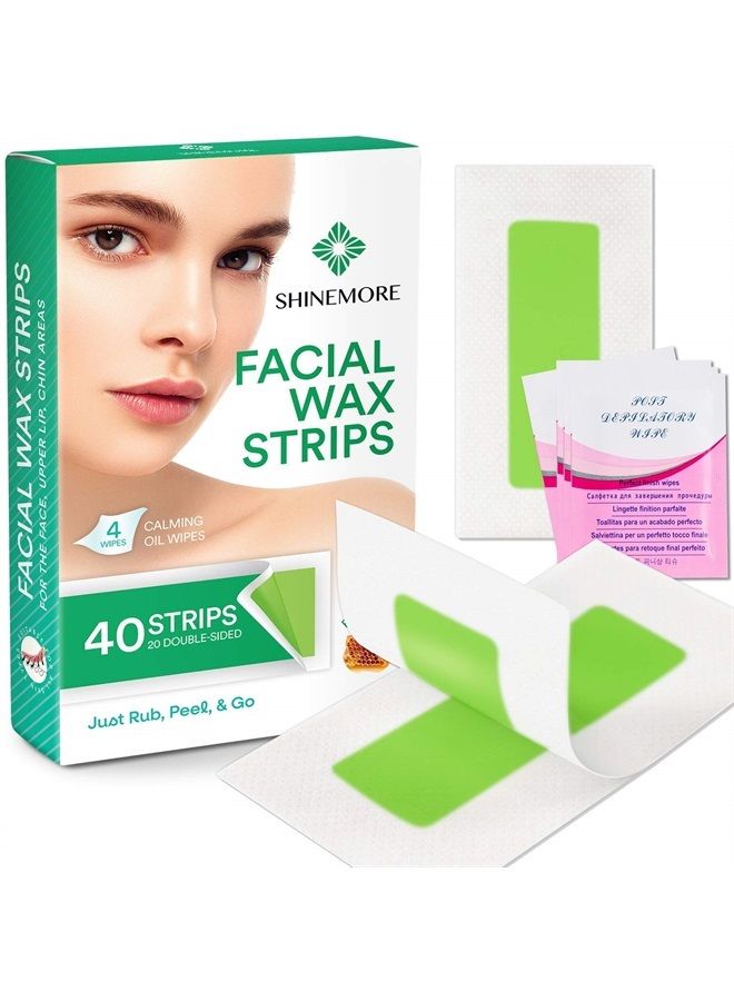 Facial Wax Strips - Hypoallergenic for All Skin Types - Wax strips for hair removal - Gentle and Fast-Working for Face, Eyebrow, Upper Lip, and Chin (40 Women Wax Strips + 4 Calming Oil Wipe