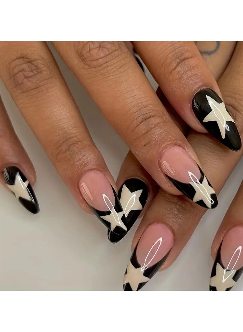 Balck Press On Nails Medium Fake French Nails Acrylic Full Cover Artificial Glossy False Nails For Women And Girls 24PCS