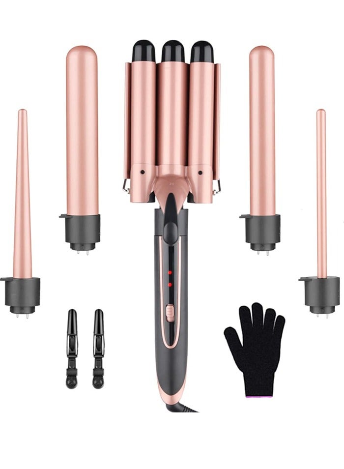 5 in 1 Curling Wand Set with Protective Glove,Hair Curler with 5 Interchangeable Curling Wand Ceramic Barrel(9-32mm), with LED Temperature Adjustment and Heat Up,Pink