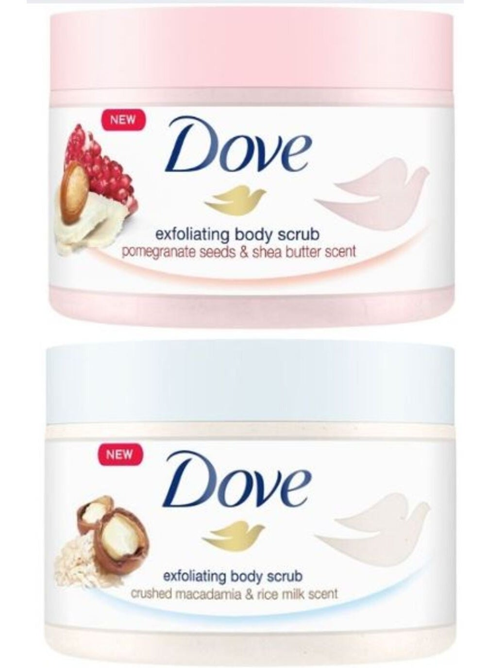 Dove Exfoliating Body Scrub Bundle – Pomegranate Seeds & Shea Butter Scrub 225ML + Crushed Macadamia & Rice Milk Scrub 225ML , Gentle Exfoliation & Deep Nourishment