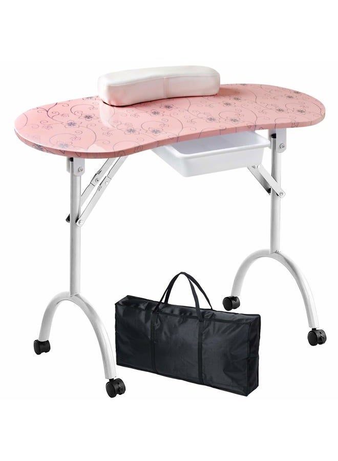 Manicure Nail Table, Portable Folding Station Desk Movable Manicure Tech Table for Home Spa Beauty Salon with Sponge Wrist Cushion, Storge Drawer, Carry Bag(Pink)