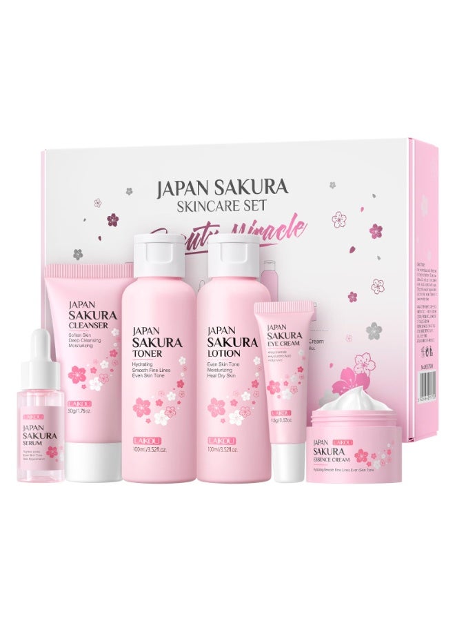 LAIKOU Sakura Skincare Set - 6 PCS Hydrating and Revitalizing Skincare Gift Set for Women, Teens, Moms & Daughters - Deep Cleansing, Anti-Aging, Nourishing, Even Skin Tone Treatment