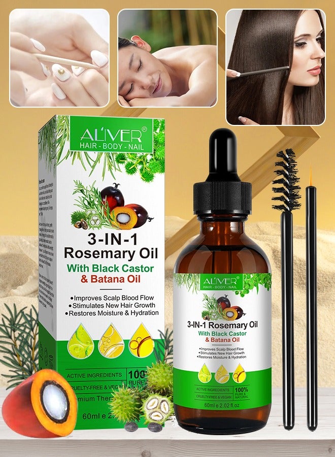 3 In 1 Rosemary Oil with Black Castor Oil & Batana Oil for Hair Care Hair Conditioner Oil for Thin Hair Repair Damaged Hair Nourishes Thin Hair Scalp Skin and Loss Hair Growth Fit for All Hair Types