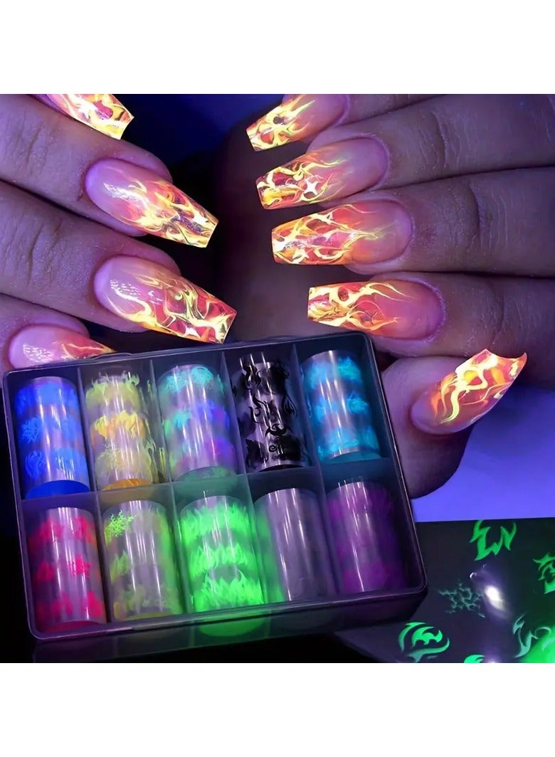 10 Rolls Glow-in-the-Dark Flame Nail Foil Transfer Stickers Kit, Neon Nail Art Decals, Luminous Nail Art Decals For Women And Girls For Music Festival