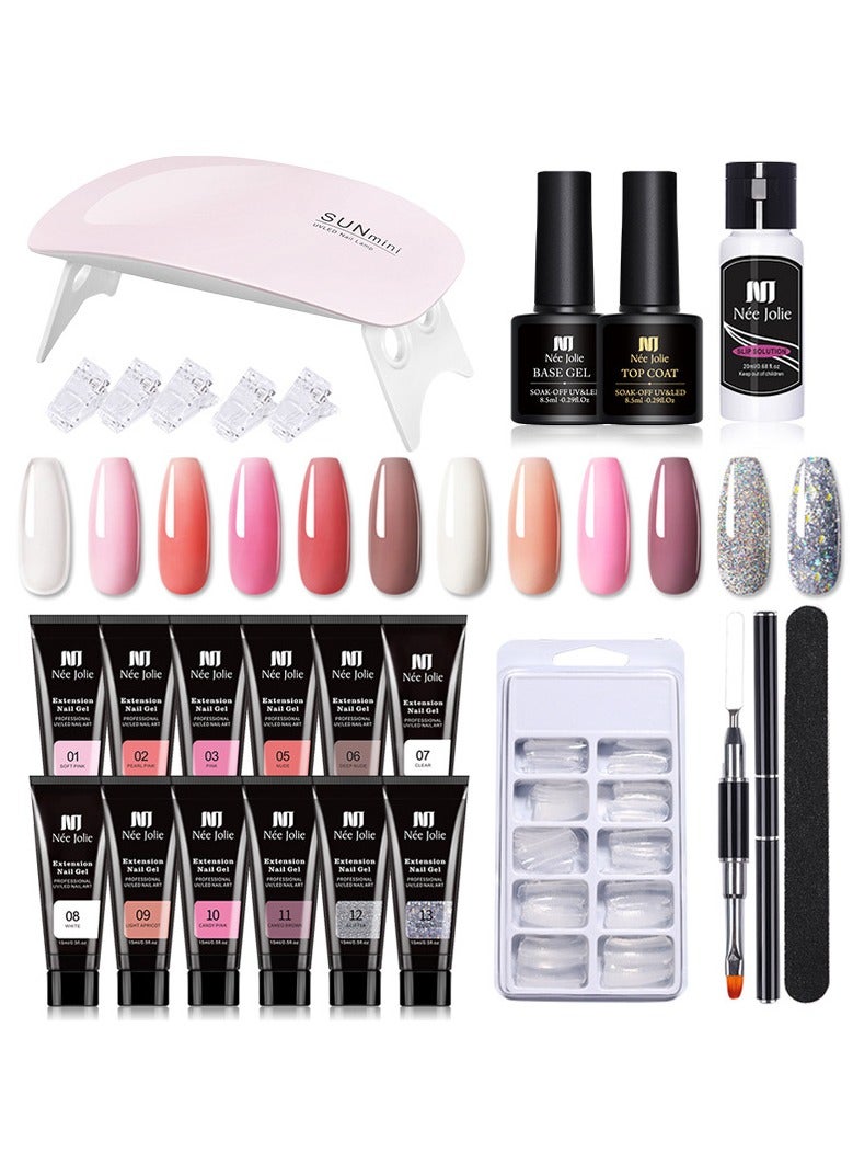 12 Color Poly Gel Nail Kit with UV Light Nail Extension Gel DIY at Home