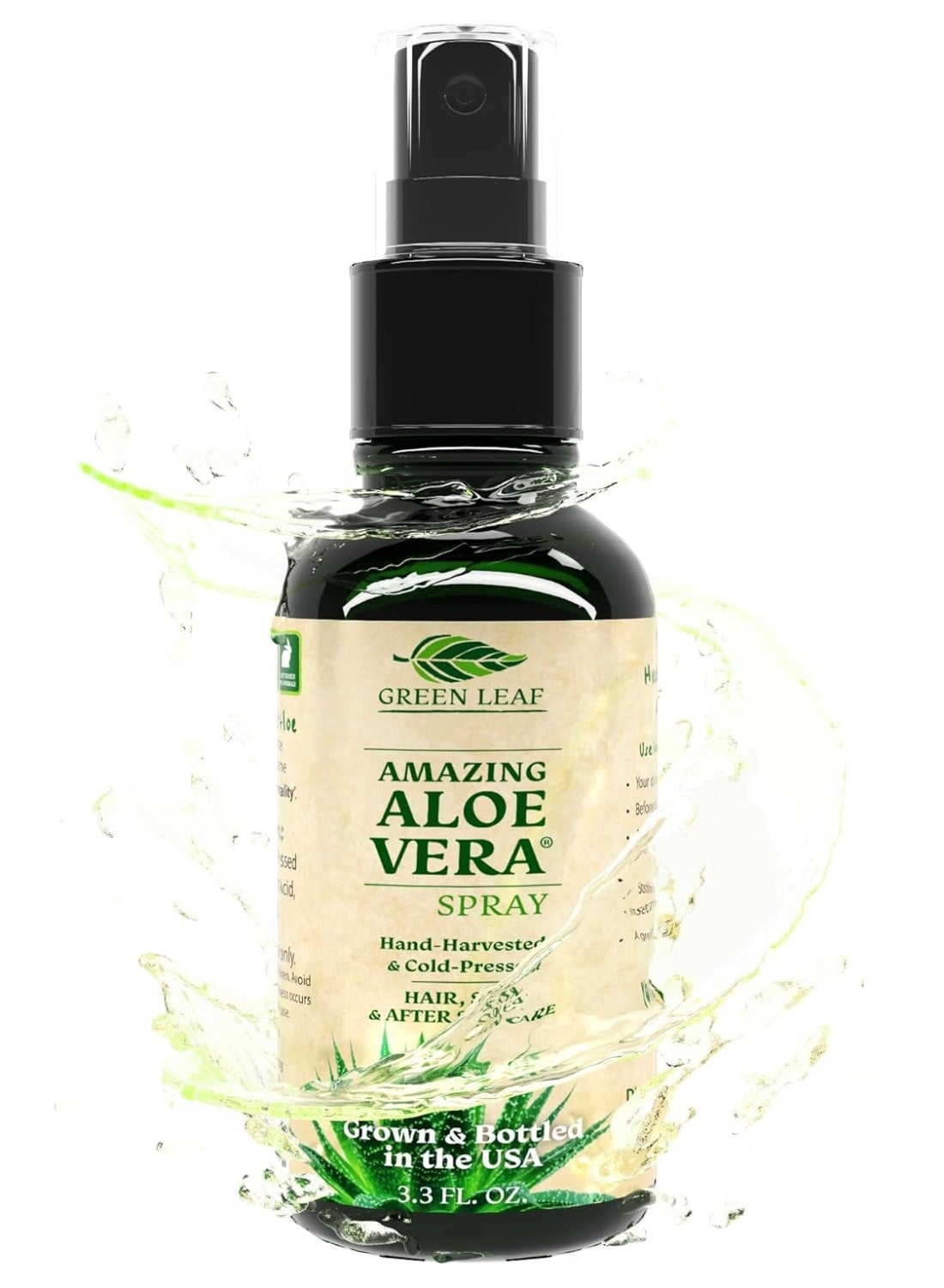 Green Leaf Naturals Aloe Vera Spray Bottle Travel Size | Vitamin C, E & A | Skin Care, Hair Spray, Facial Moisturizer, Hair Growth, Facial Cleanser, Sunburn Relief & After Sun Lotion 3.3oz