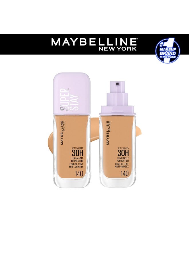 MAYBELLINE SUPER STAY LUMI-MATTE FOUNDATION 30H LONGWEAR, LIGHTWEIGHT, WATERPROOF, SWEATPROOF, HEATPROOF, STAY TRUE TO TONE ALL DAY, 140