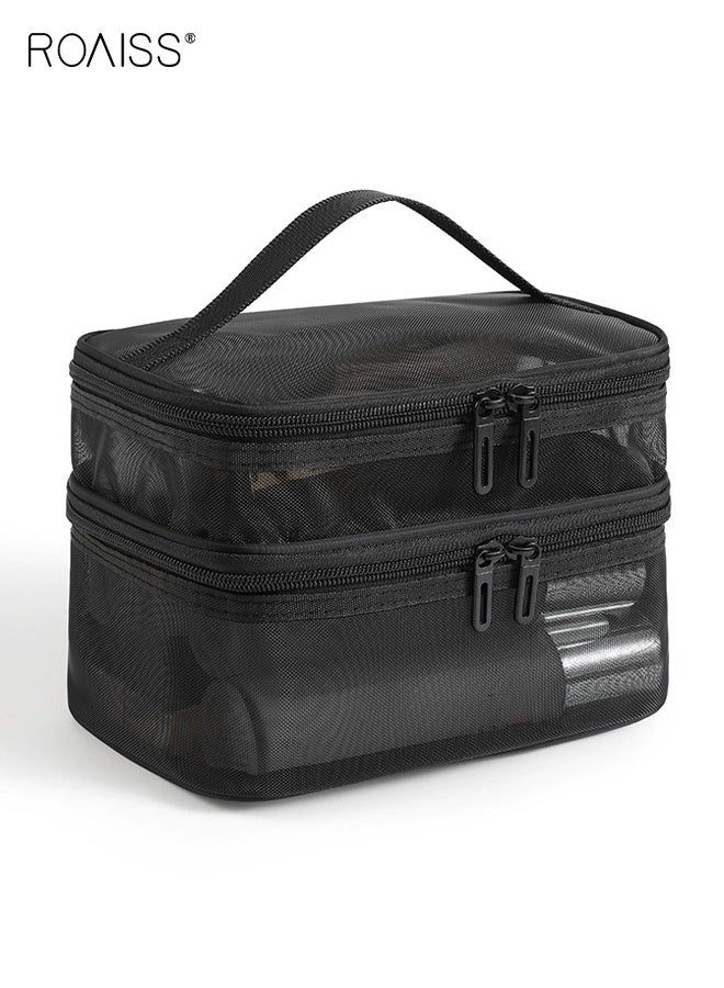 Double-layer Compartment Travel Organizer for Toiletries & Cosmetics, Compact Storage with Water-Resistant Fabric for Beach, Gym, and Daily Use, Easy-Clean Mesh Portable Bag, Black