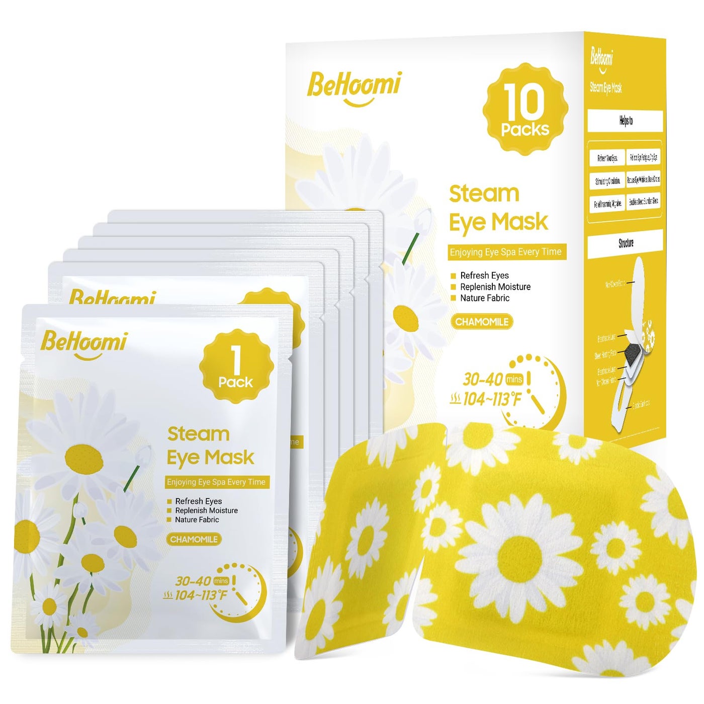 BeHoomi Steam Eye Mask, 10 Packs Heated Eye Mask, Self Heating Disposable SPA Warm Compress for Eyes Sleep Mask, Travel Essentials & Relaxation Gifts, Stocking Stuffers (Chamomile Scent)
