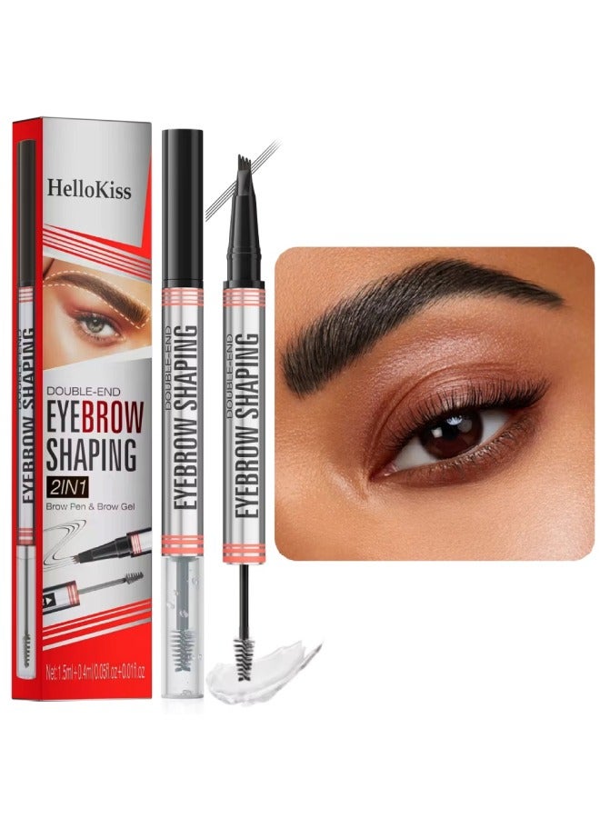 Double End Eyebrow Shaping 2 in 1 4 Tip Head Brow Pen and Eyebrow Gel Clear Brow Styling Gel and Eyebrow Color Ink Pen Hair Like Strokes Smooth Stroke Liquid Eyebrow Pencil Black 04