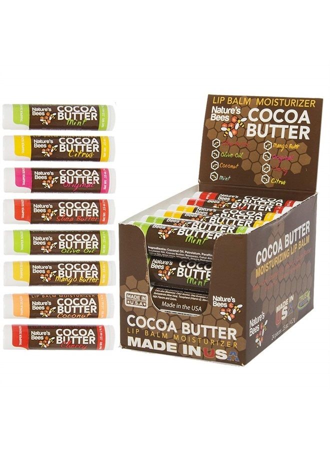 (24 Count, 8 Flavors) Cocoa Butter Flavored Lip Balm Tubes Set Bulk Assortment Natural Chap Treatment Moisturizer For Very Dry Lips