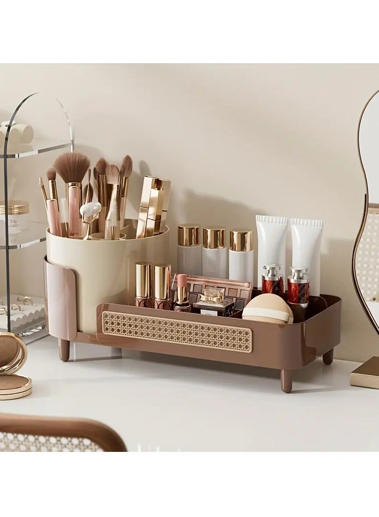360° Rotating Makeup Organizer with Large Capacity for Brushes, Lipsticks & Cosmetics – 2-in-1 Bathroom Vanity Storage Box, Beige Plastic Design, Multi-Functional Beauty Display Organizer, Vanity Accessories(Cream Tea Brown)