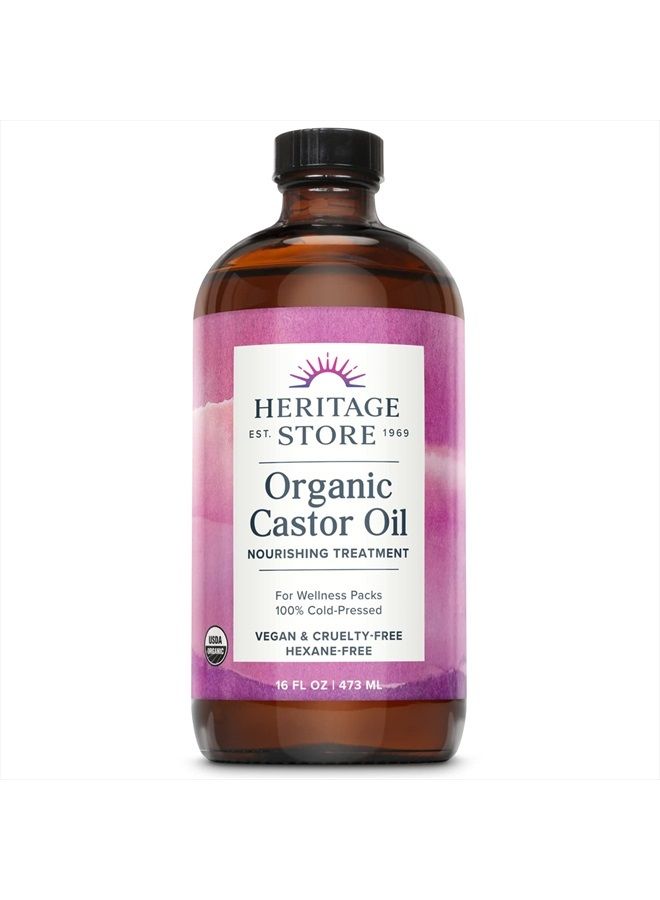 Heritage Store Organic Castor Oil, Nourishing Hair Treatment, Deep Hydration for Healthy Hair Care, Skin Care, Eyelashes & Brows, Castor Oil Packs, Cold Pressed, Hexane Free, Vegan, Cruelty Free, Glas