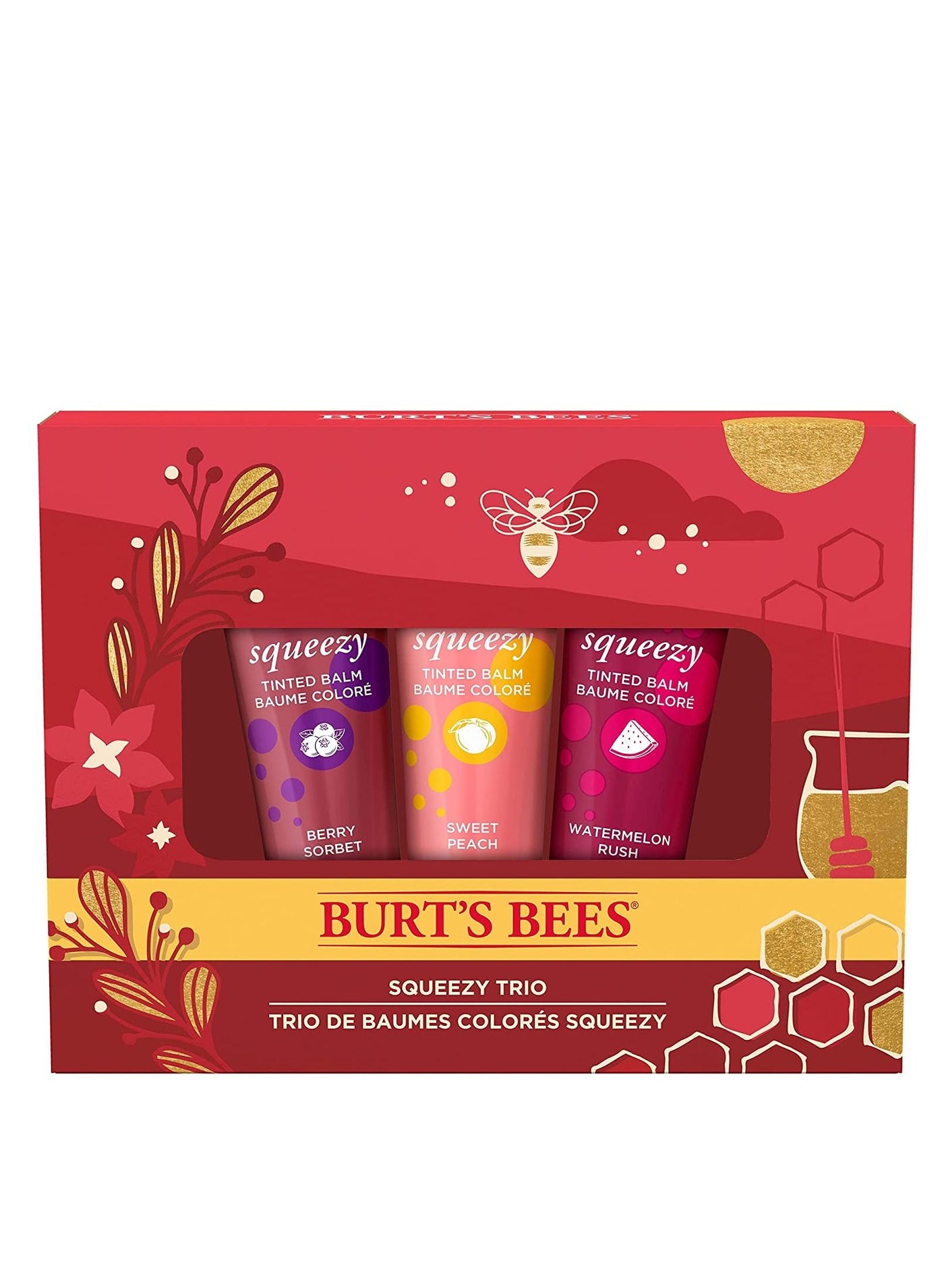 Holiday Gift, 3 Lip Care Stocking Stuffer Products, Squeezy Trio Tinted Lip Balm Set - Berry Sorbet, Sweet Peach & Watermelon Rush