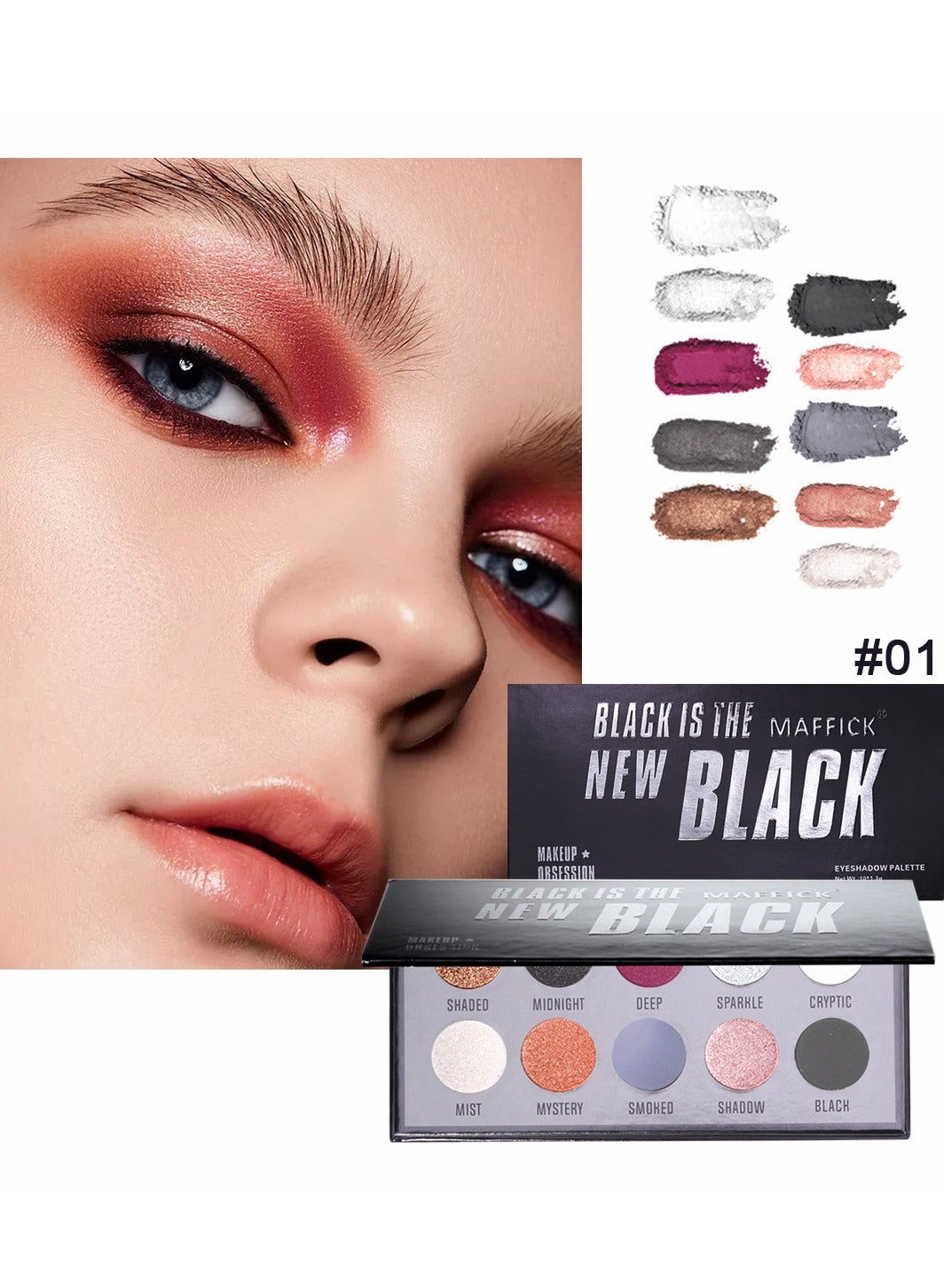 Maffick 10 Color Shadow Palette- Black Smoky Makeup with Shimmering Pearl Eyeshadow for a Radiant, Dramatic Look