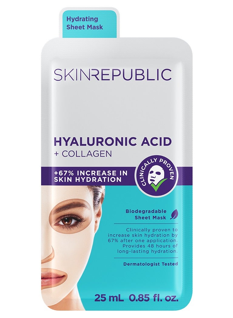 Hyaluronic Acid & Collagen Face Mask Sheet (1 Mask) with Vitamin E – Boosts Hydration, Improves Firmness & Elasticity, Reduces Fine Lines & Wrinkles, Brightens & Repairs Skin