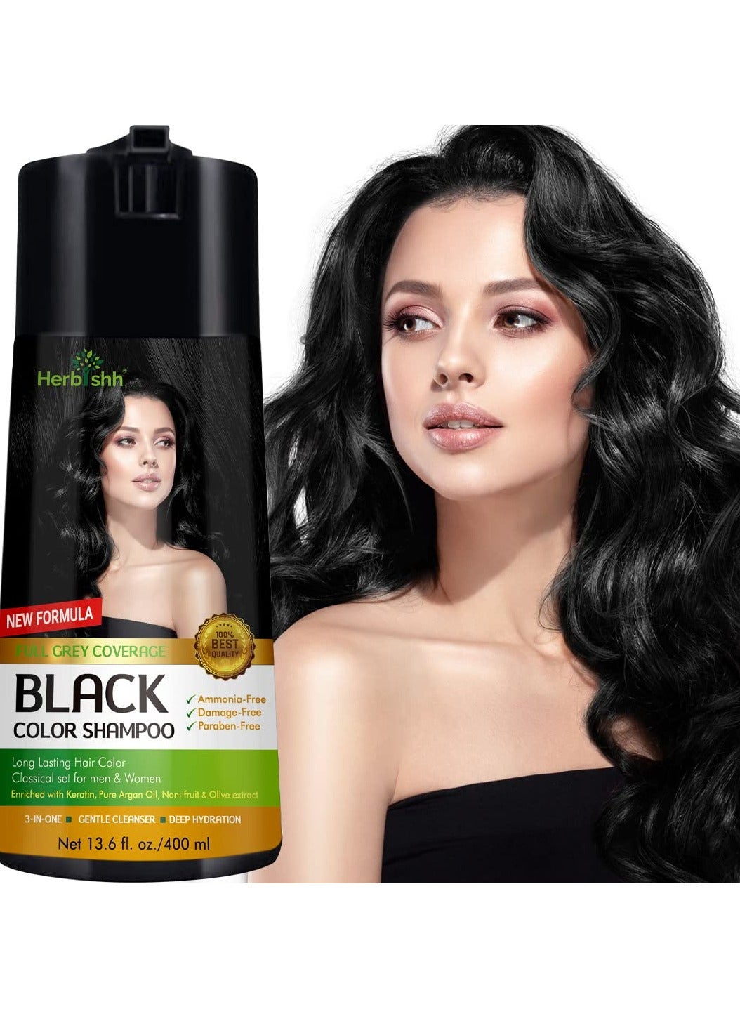 Herbishh Hair Colour Shampoo (Black, 400ml)- No PPD & Ammonia Hair Color for Women & Men| Permanent Dye with 100% Grey Coverage Up To 3 Weeks| 3-in-1 Formula with Keratin & Herbal Extracts