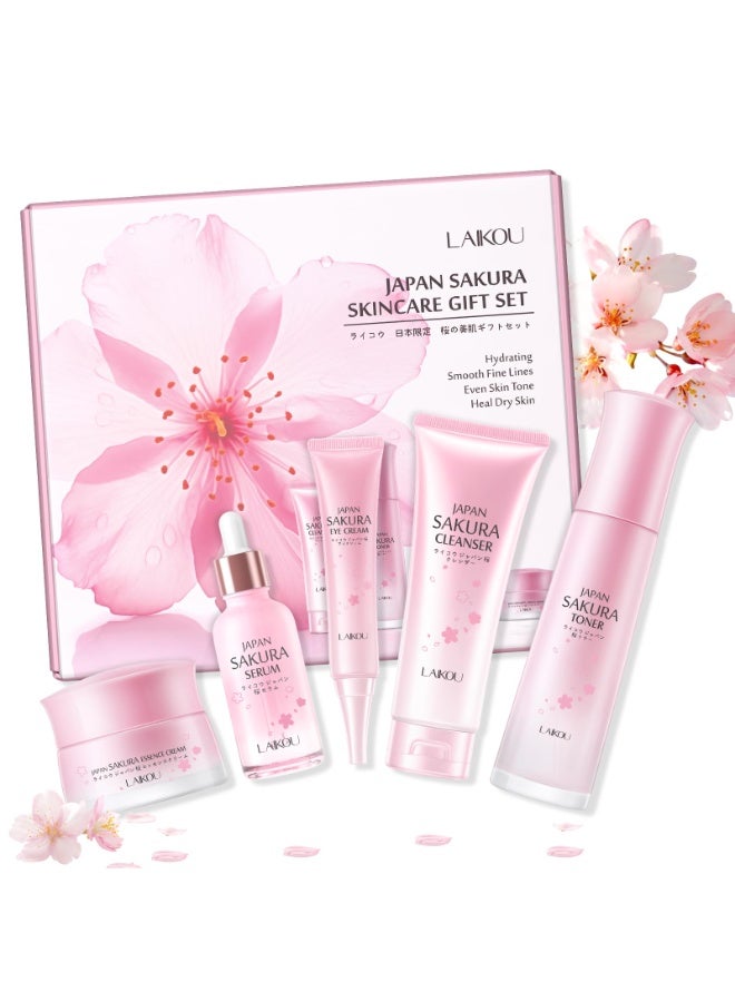 LAIKOU Sakura Skincare Set - 5-Piece Set with Cleanser, Toner, Serum, Eye Cream, and Essence Cream for Hydrating, Smoothing & Even Skin Tone for All Skin Types