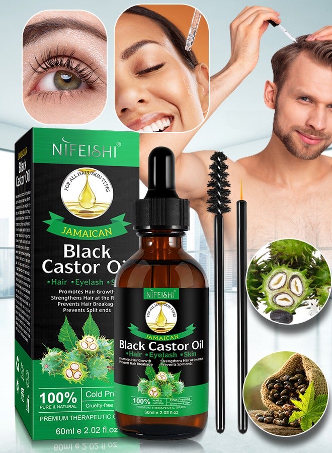 60ml Jamaican Black Cold Pressed Castor Oil for Hair and Skin Care Eyelashes and Eyebrows Hair Loss & Dry Damaged Hair Nourishment Scalp Stimulates Hair Growth for Men & Women