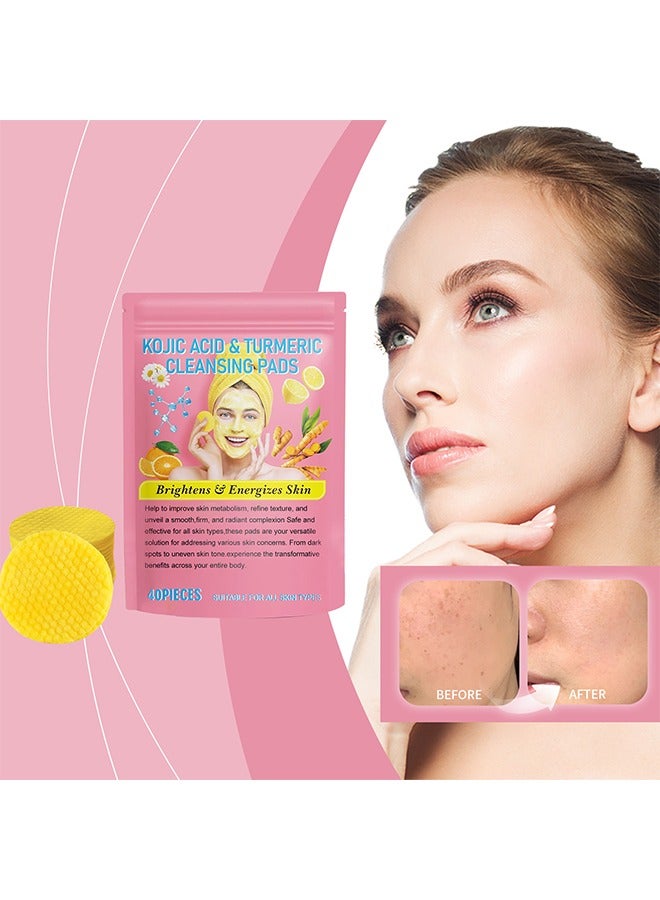 40 Pcs Turmeric Cleansing Pads, Kojic Acid and Turmeric Cleansing Pads for Face and Body Remove Excess Keratin, Reduce Black Spots and Cleanse the Skin, Exfoliating, Acne Scars, Unclog Pores