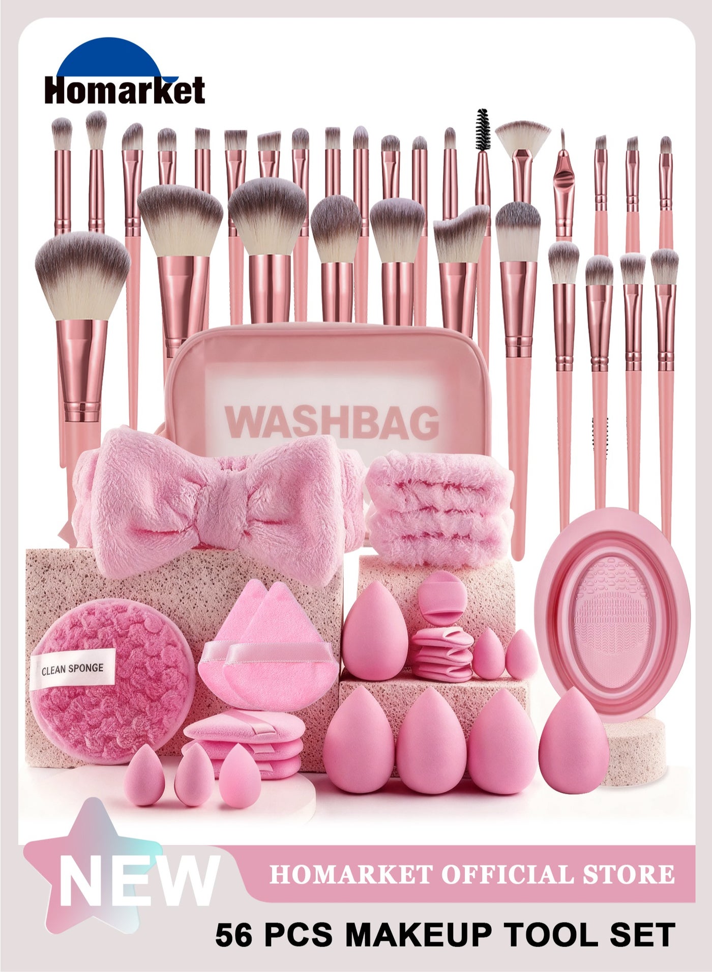 Makeup Brush Set,56 Pcs Makeup Tool Set Premium Synthetic Foundation Powder Concealers Eye shadows Blush Makeup Sponges,Pink