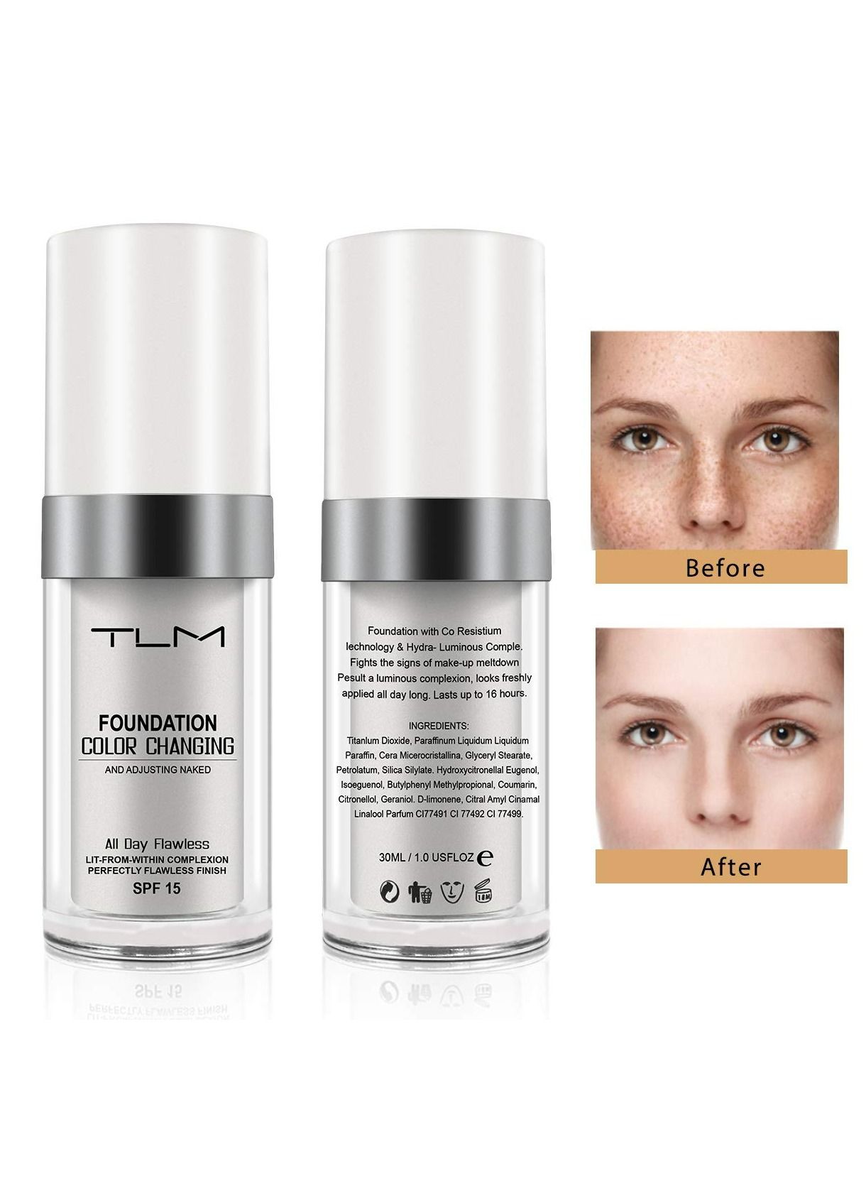 Color Changing Foundation All Day Flawless Foundation Makeup Foundation Cream Liquid Foundation SPF 15 Lightweight Fragrance Free Warm Skin Tone 30ml