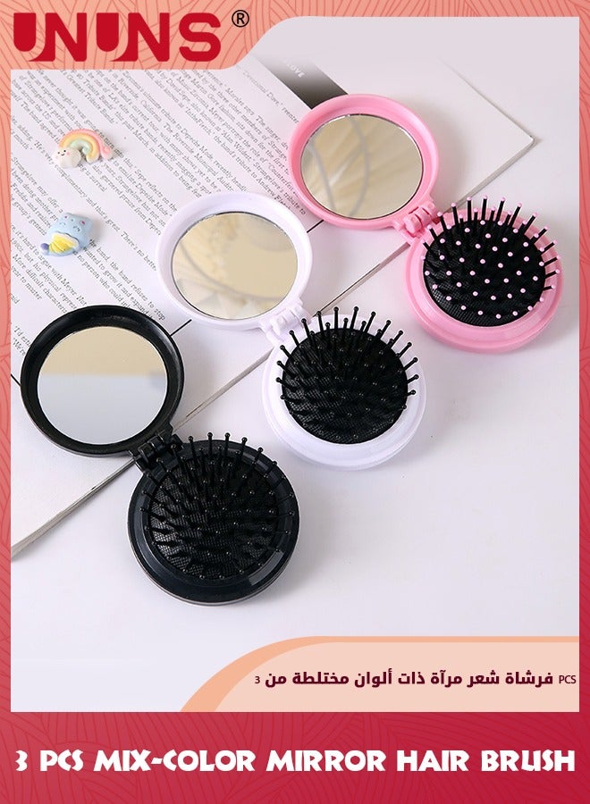 Folding Travel Mirror And Comb Set,3 PCS Portable Folding Mini Pocket Hair Comb With Mirror, Compact Pop Up Pocket Massage Hair Brush,Airbag Comb For Women And Girls