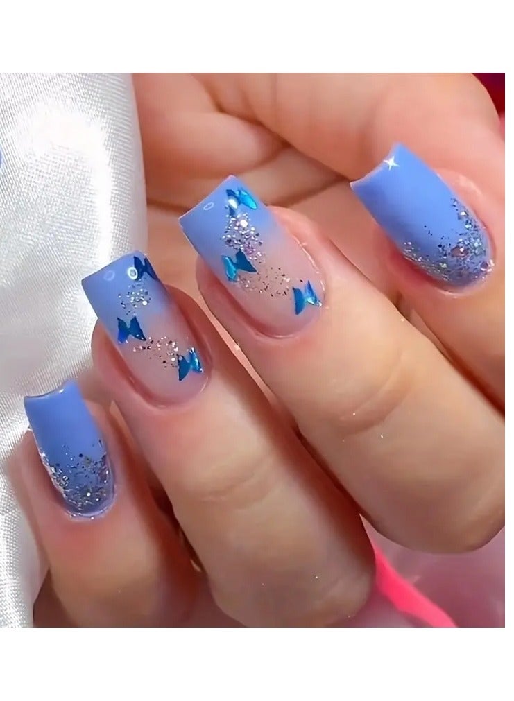 24pcs Gradient Nails, Blue Butterfly Press On Nails With Silver Glitter Design, Glossy Full Cover Medium Square Cute False Nails For Women  Daily Wear