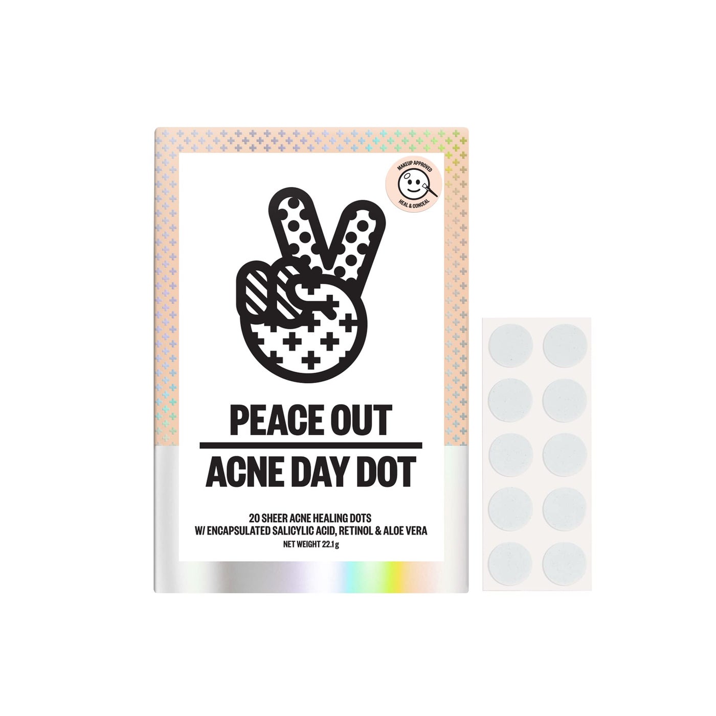 PEACE OUT Acne Day Dot, Sheer Acne Healing Dots, Virtually Invisible Wear, Hydrocolloid Pimple Patches Helps Clear Blemishes Quickly with Encapsulated Salicylic Acid, Retinol & Aloe Vera, 20 dots