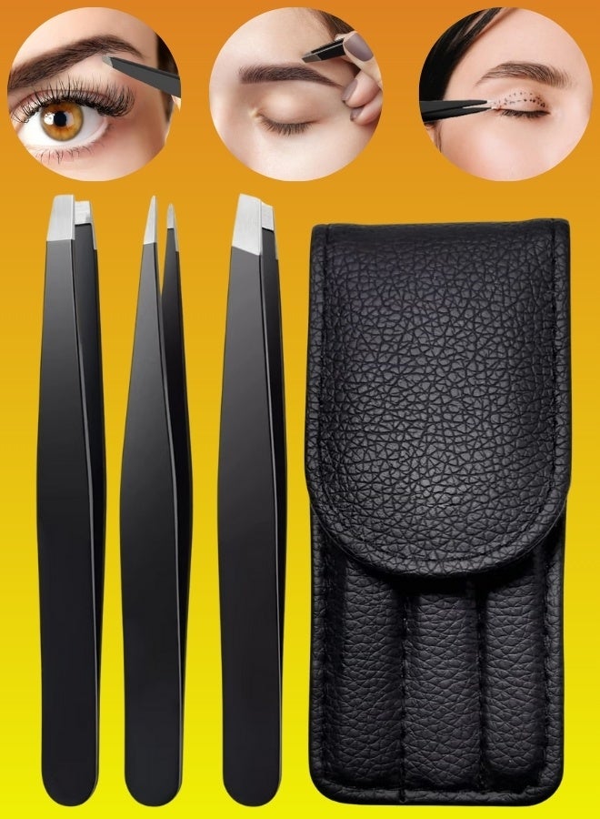 3 Pcs Eyebrow Tweezers Set,Stainless Steel Precision Tweezer Kit for Eyebrows Facial Hair,Brow Tweezer Professional Tweezers Ingrown Hair & Splinter Removal Tool with Travel Case Leather
