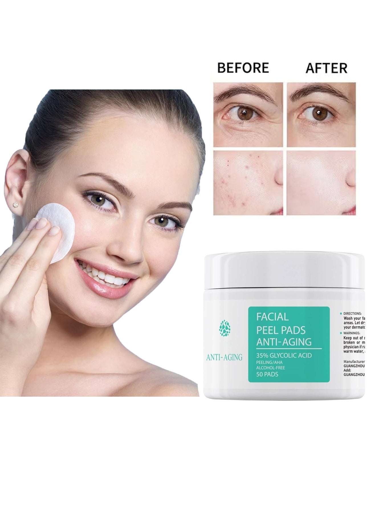 Anti-Aging Facial Peel Pads Anti-Aging, 35% Glycolic Acid , Peeling/AHA Alcohol-Free, Acne Treatment Pads, Anti-aging,Exfoliating Chemical Peel Pad, Acne Control Pads for Pimple Breakout, Clear Skin, 50 Pads