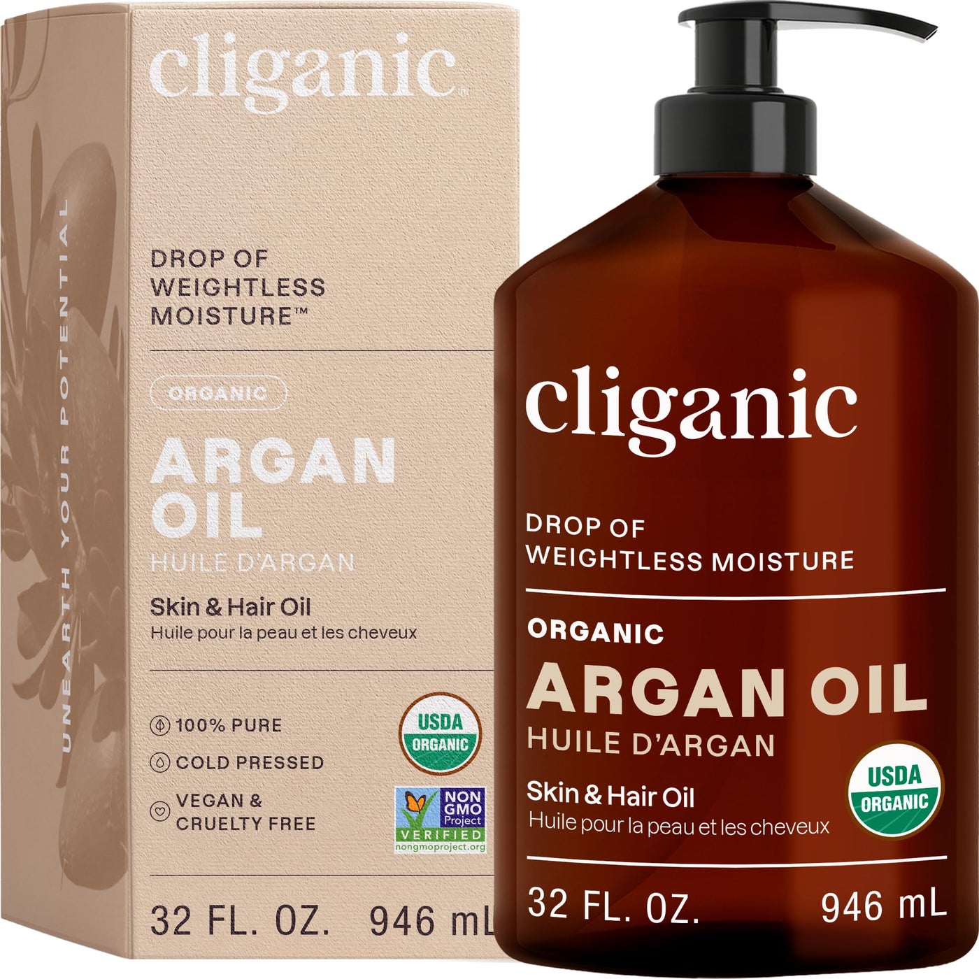 Cliganic Organic Argan Oil for Hair, Face & Skin (Bulk, 32oz with Pump) - 100% Pure, Cold Pressed