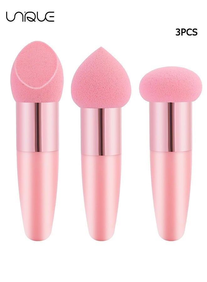 3 PCS Makeup Sponge Facial Foundation Sponge Professional Makeup Blending Sponge with Handle Beauty Sponge Blender Dry & Wet Use Makeup Sponges for Foundation（Pink）