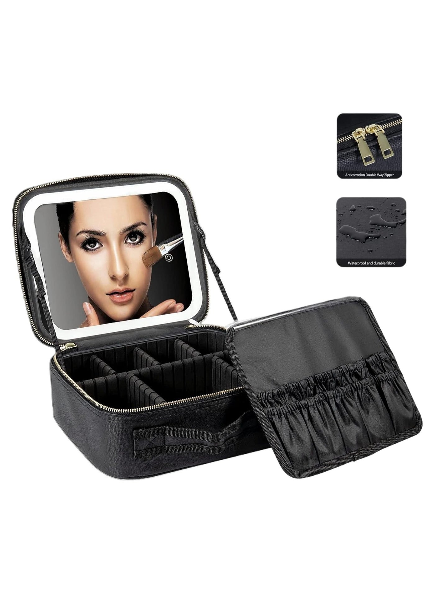 makeup bag with LED mirror,Adjustable Brightness LED Cosmetic Train Case with brush storage board suitable for travel and daily make up ,Portable Travel Cosmetic Organizer for Women, 3 Color Light Settings, Adjustable Dividers Vanity Case Birthday gifts