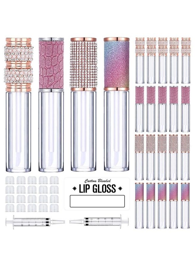 20 Pack Diamond Lip Gloss Tubes with Wand 5ml Empty Rhinestone Cute Lipgloss Bottles/Containers Crystal Lip Gloss Supplies Kit + 2pcs Syringes + Labels for DIY Lip Gloss Base