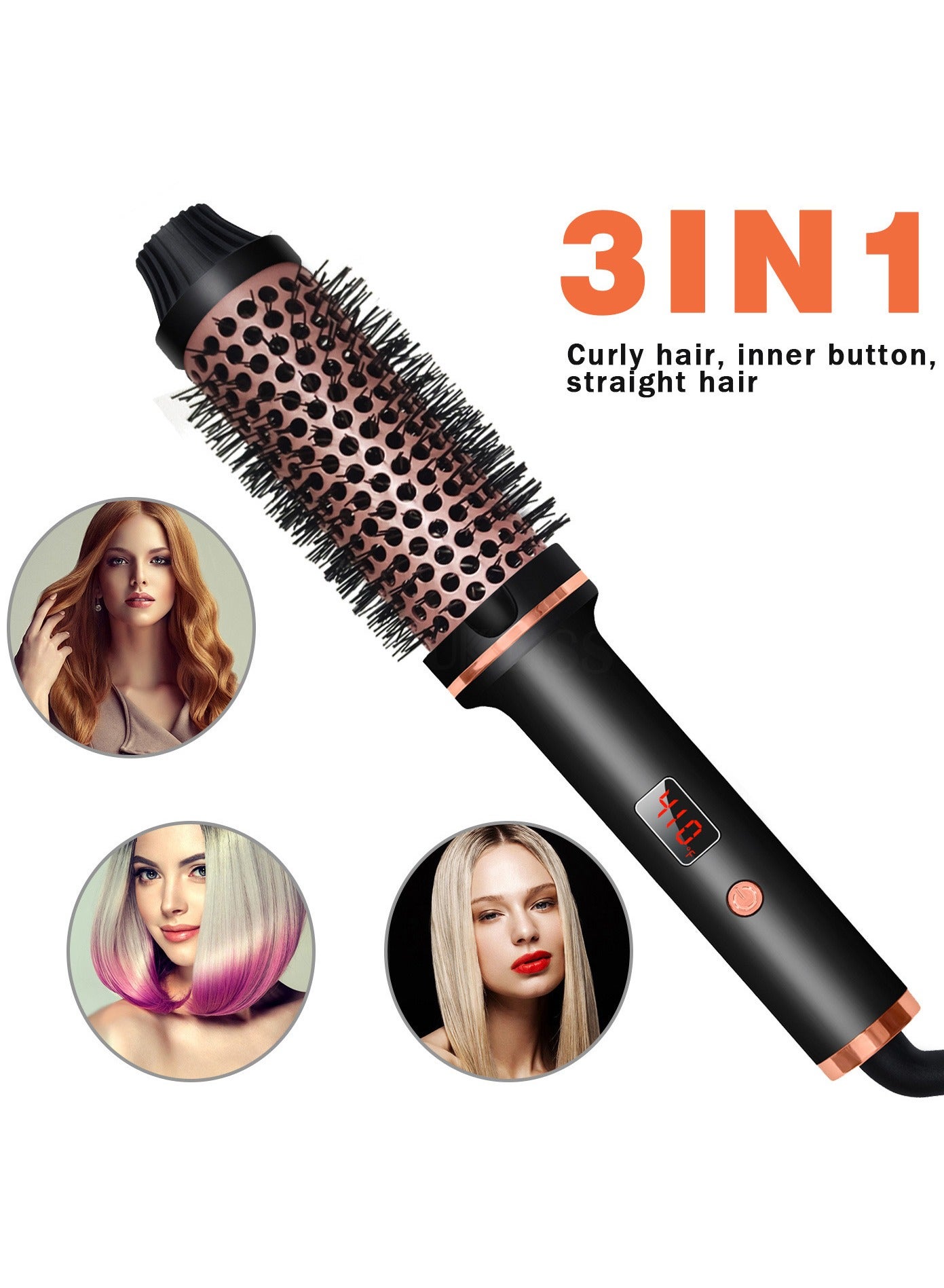 3 in 1 Thermal Brush hair curler hair straightener Curling Iron Brush Volumizing Brush Heated Round Brush Ceramic Tourmaline Ionic Curling Comb Dual Voltage Travel Curling Iron with Brush LCD Display