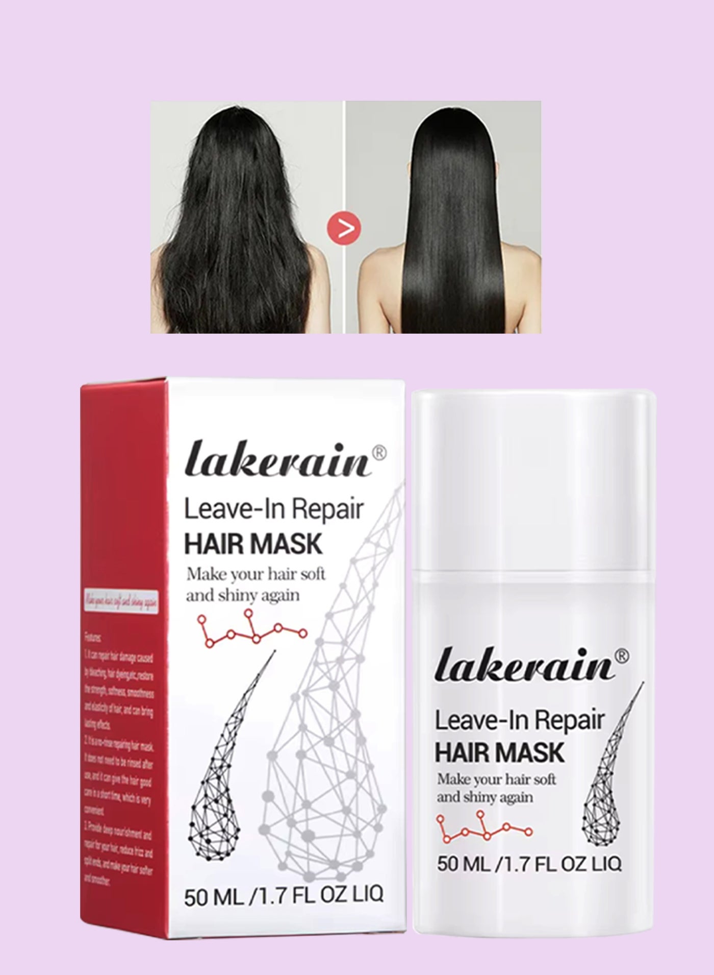 50ml Leave in Repair Hair Mask Smooth Bright Shiny Hairs No Wash Masque Repair Dry Damaged Hairs Curly Wavy Thick Thin Hair Treatment Mask Nourishing Smoothing and Moisturizing Hair Mask