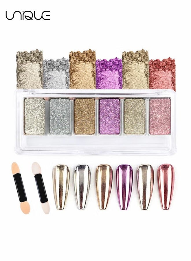 6Pcs Chrome Nail Powders，Colors Chrome Nail Powder Mirror Effect Holographic Aurora Iridescent Pearlescent Metallic Nail Powder Combo Set, 2Pcs Eyeshadow Sticks (Chrome Nail Powder)