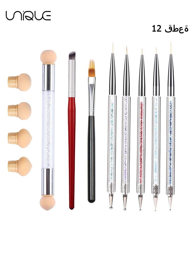 12PCS Nail Art Brushes Set Ombre Nail Brush Dotting Pen Nail Art Liner Brushes UV Gel Painting Acrylic Nail Brush Set Sponge Nail Brush Nail Gradient Brush Nail Point Drill Drawing Pen Tools Set