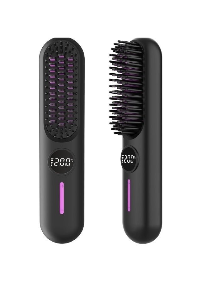 Wireless Hair Straightening Brush with Ceramic Heating, Cordless 2-in-1 Straightening & Curling Comb, 7 Temperature Settings, Type-C Fast Charging, LED Display & Negative Ion Technology – Black/Purple