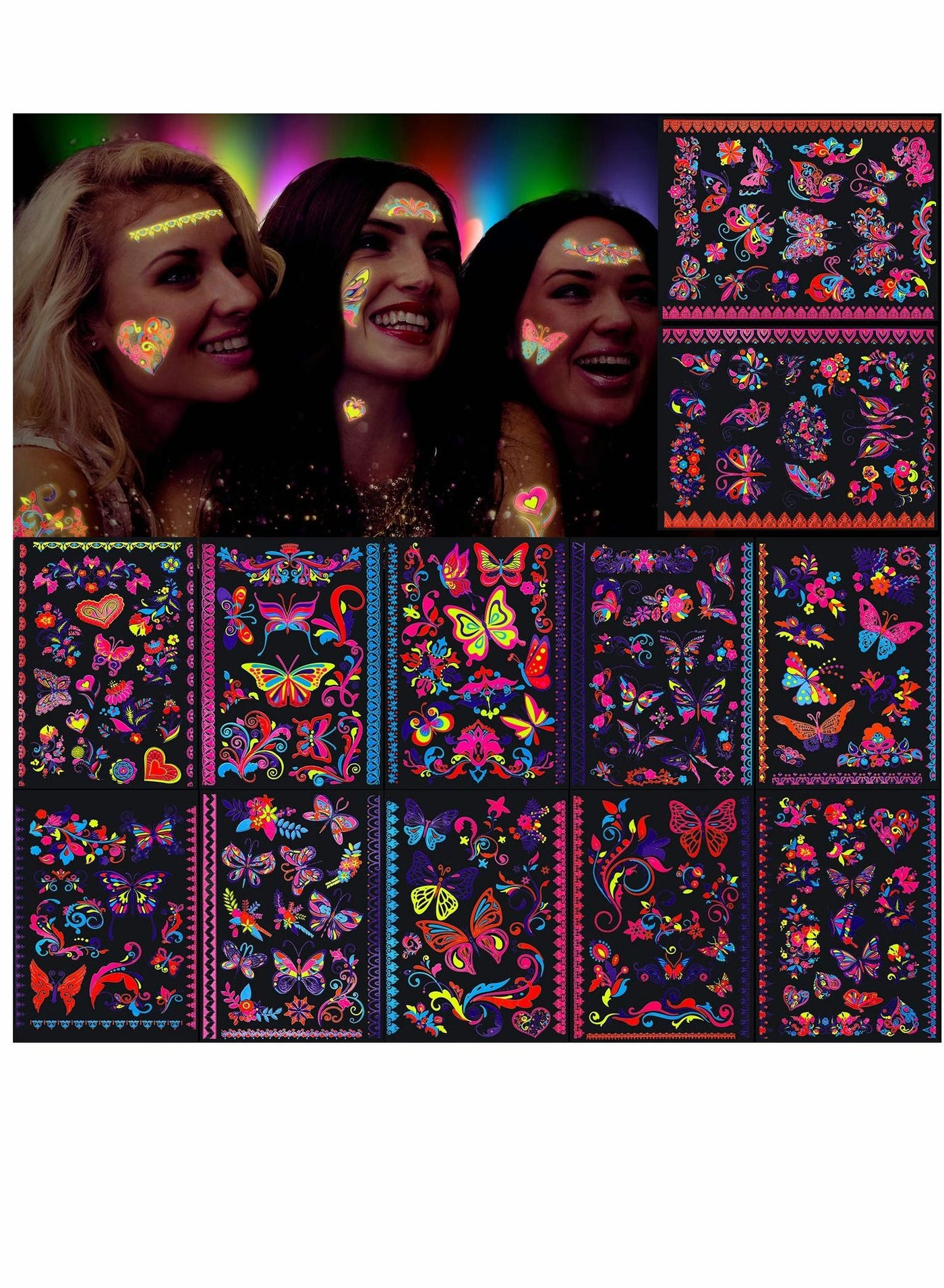 Butterfly Tattoos, UV neon Temporary Tattoos, for Girl, Blacklight Tattoos temporary rave festival decorations Fluorescence Fake Tattoos Stickers, for Children Girls Birthday Dance 160pcs