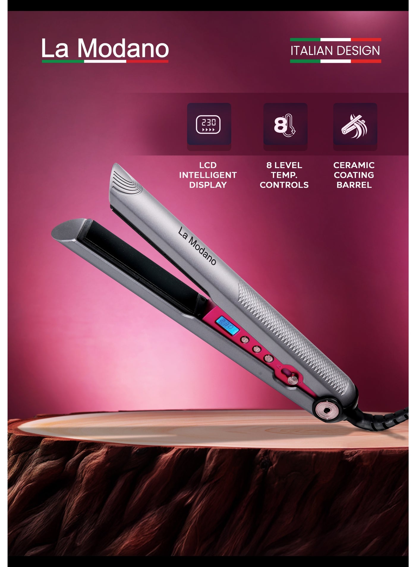 La Modano Hair Straightener with Ceramic Coating 8 Temperature Levels, LCD Display, PTC Heating, Lock Function LMHS450