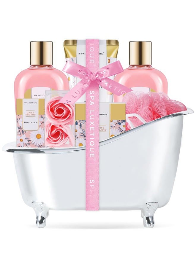 Self Care Gifts for Women, Spa Luxetique Bath and Body Gift Set, 8pcs Daisy Gift Baskets for Women with Bubble Bath, Lotion, Spa Gift for Women, Christmas Gifts for Women