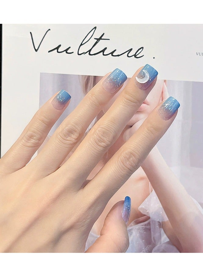 24pcs Blue Moon Air Soft Press On Nails – No Crease Handmade Comfortable Nail Tips, Reusable & Easy to Apply