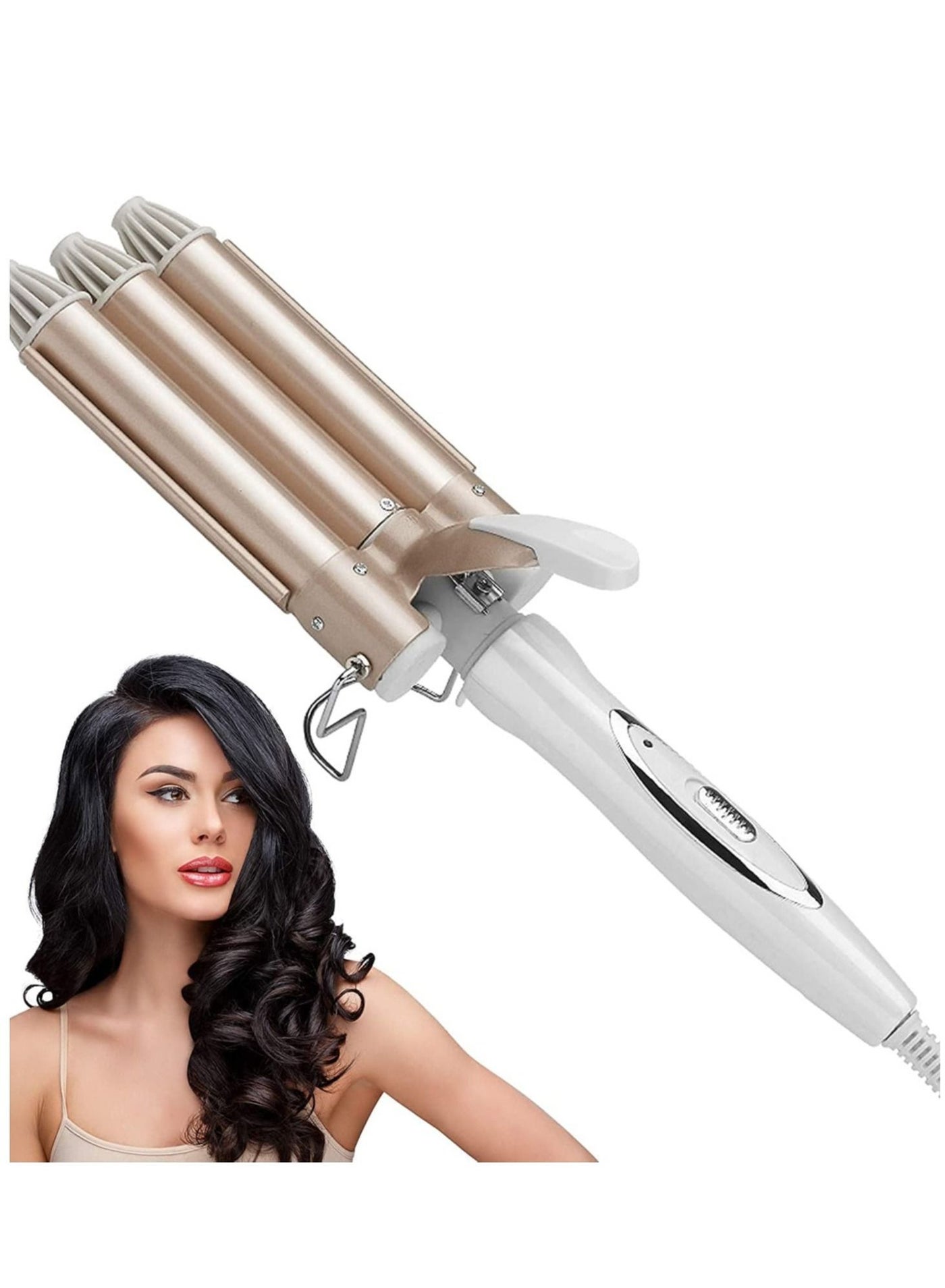 3 Barrel Curling Iron,1 inch Triple Three Barrel Hair Waver Mermaid Beach Waves Curling Wand Ceramic Tourmaline Temperature Adjustable Curler Irons,Hair Crimper Fast Heating Curling Wand (Gold)