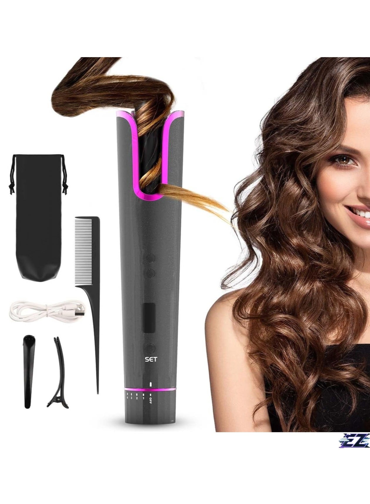 Cordless Automatic Curling Iron Wand – USB Rechargeable Self-Rotating Curling Iron for Waves, Portable Hair Styler for Travel