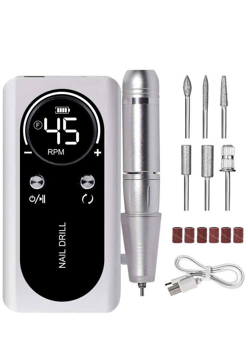 Rechargeable 45000RPM Nail Drill Portable Nail Drill Machine Electric Nail E File Manicure Drill Set High Speed Nail Tools for Nail Salon Silver