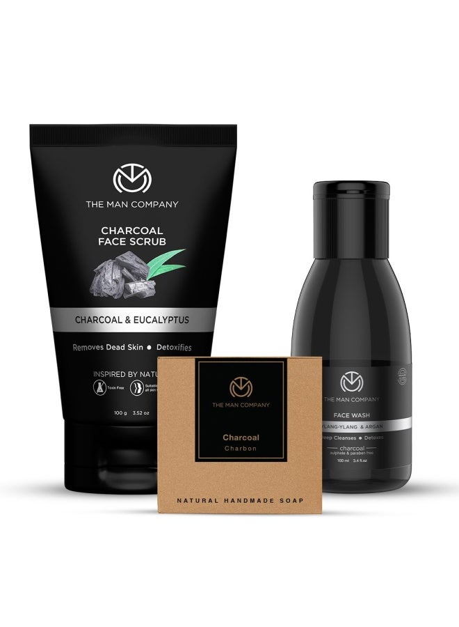 The Man Company Charcoal Gift Set | Charcoal Soap, Face Wash, Face Scrub | Deep Cleansing, Detox Skin, Anti Acne, Blackhead & Dirt Removal - Pack of 3