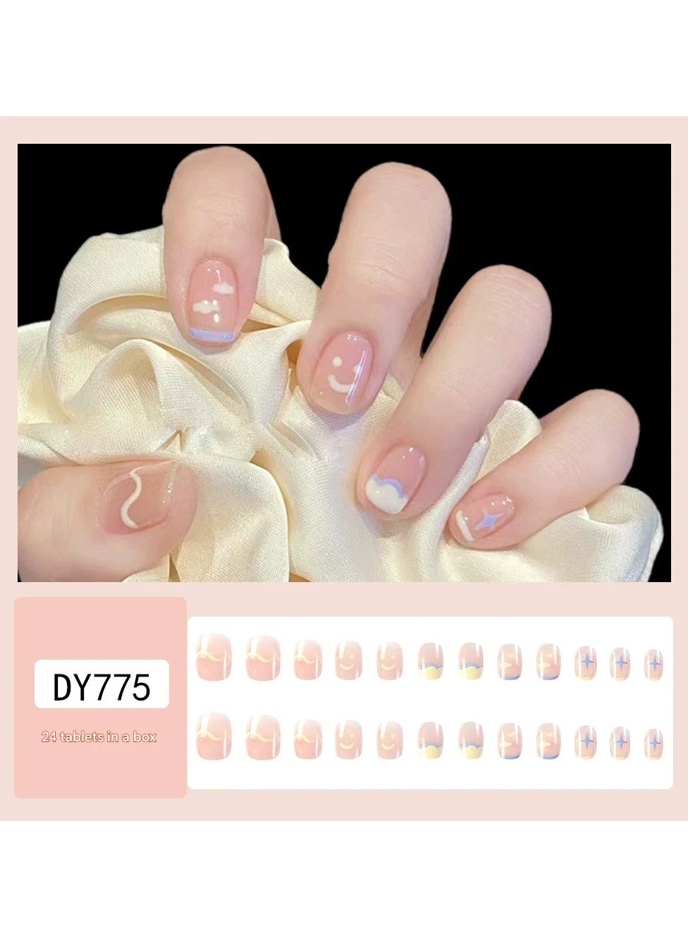 Cute Doodle Press On Nails – Smiley Face Cloud Star Design Sweet Style Fake Nail Tips Set, 24pcs for Kids/Women